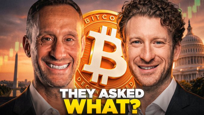 The image features two smiling men on either side of a large Bitcoin logo, with the Washington Monument and U.S. Capitol visible in the background and stock chart graphics overlaid. Bold yellow text at the bottom reads "THEY ASKED WHAT?," visually promoting the accompanying post about a bank's absurd request for Bitcoin's help desk number.