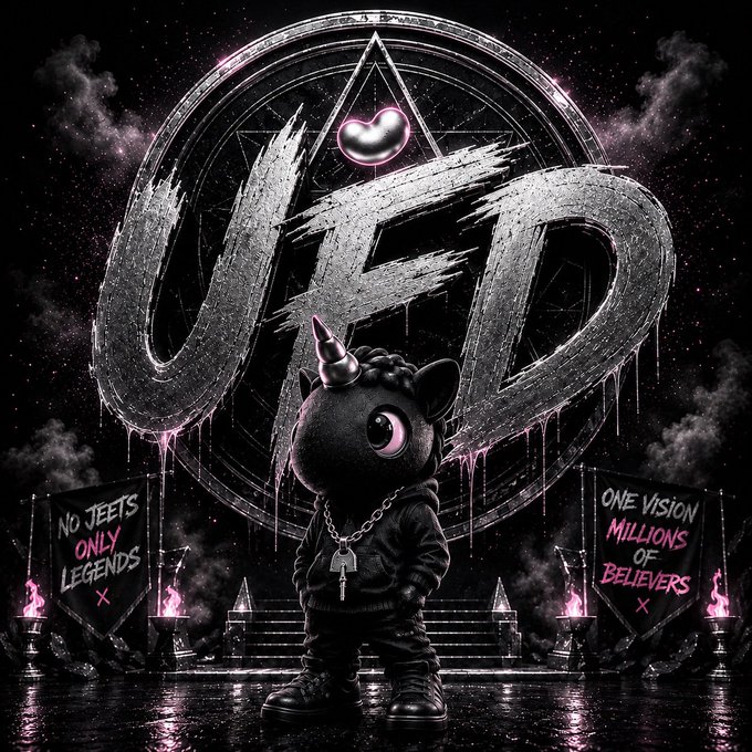 The image features a stylized black unicorn mascot wearing a chain, standing before a gothic UFD emblem with banners reading "NO JEETS ONLY LEGENDS" and "ONE VISION MILLIONS OF BELIEVERS." The dark, rebellious aesthetic—blending streetwear attitude with crypto tribalism—visually reinforces the post's message of unified community strength behind the $UFD token.
