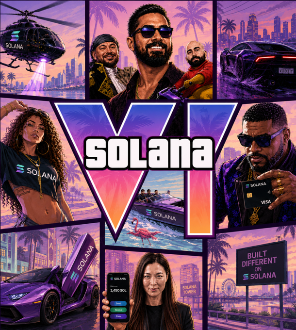 The image features a poster for the video game "Solana". It includes various characters, such as a man with sunglasses, a woman holding a cell phone, and other people posing near cars and buildings. The background of the poster displays a cityscape with palm trees and a helicopter flying overhead. The text on the poster reads "Solana" at the top, and it also mentions that the game is available for purchase on different platforms.