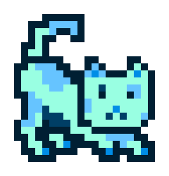 A pixel-art style teal and light blue cat with a curled tail against a black background.