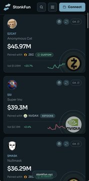 A screenshot of the StonkFun app showing a crypto tracker with tokens like $CAT ($45.97M), $SI ($39.3M), and $MASK ($36.29M), complete with mini price charts.