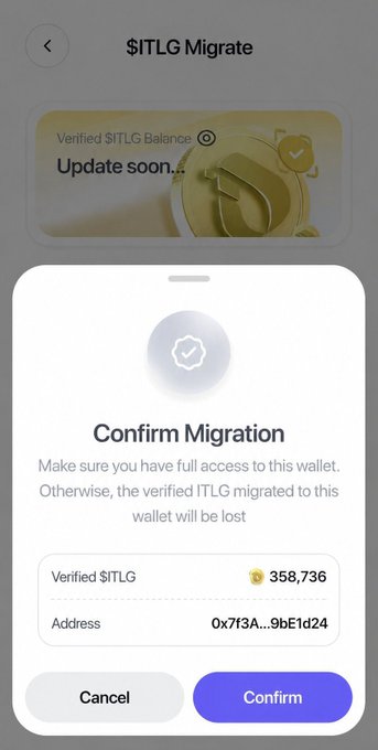 A mobile app screen titled '$ITLG Migrate' shows a confirmation dialog for migrating 358,736 Verified $ITLG tokens to a wallet address beginning with '0x7f3A...9bE1d24'.