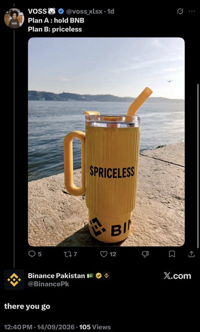 A Twitter/X post by VOSS (@vossxlsx) showing a yellow tumbler marked 'PRICELESS' and 'BNB' on a beach, captioned 'Plan A: hold BNB / Plan B: priceless'.