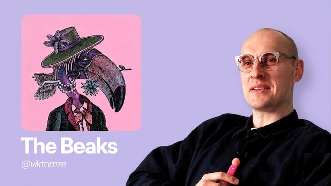 The image features a man wearing glasses, sitting down with his hand on his mouth. The background behind him has purple and white colors. There are two posts visible in the image - one above the other. The top post reads "The Beaks" while the bottom post says "if beaks nft mint above 10 eth floor price i would doxx and shave my head bald".