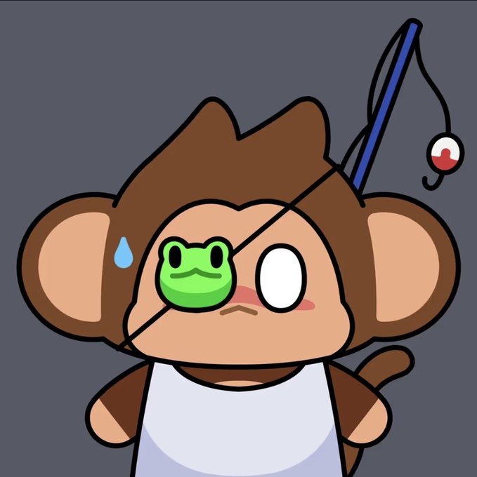 A cartoon monkey character with a green frog patch over one eye, wearing a white shirt and a headband with a fish hook dangling from it, sweating nervously.