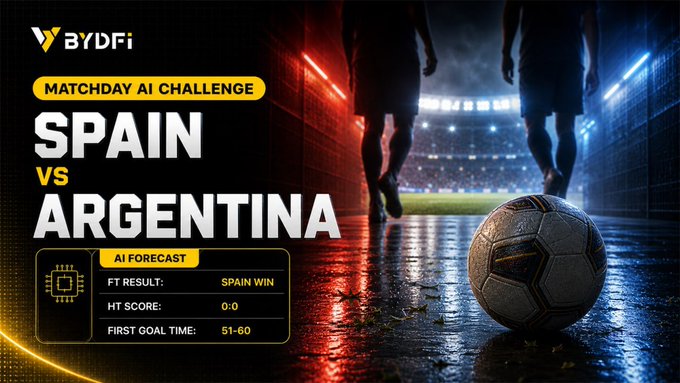 A BYDFi promotional graphic for a "Matchday AI Challenge" featuring Spain vs Argentina, displaying an AI forecast of Spain winning with a halftime score of 0:0 and first goal time between 51-60 minutes, set against a dramatic stadium backdrop with a soccer ball.