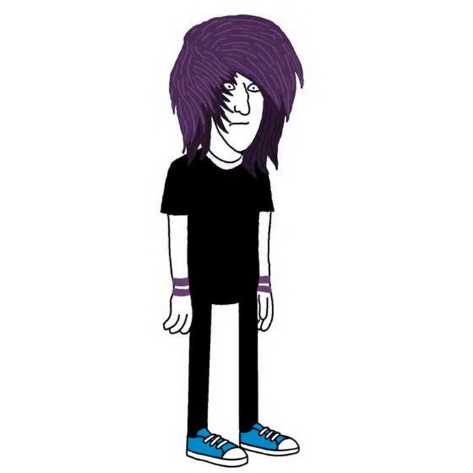 A cartoon illustration of a slouching figure with messy purple hair, a black t-shirt, black pants, and blue sneakers against a white background.