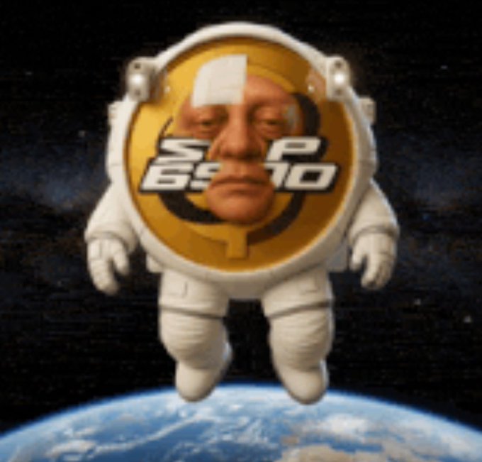 Surreal internet meme image of an astronaut suit helmet with Elon Musk's face merged with the 'SpaceX' logo, floating above Earth.