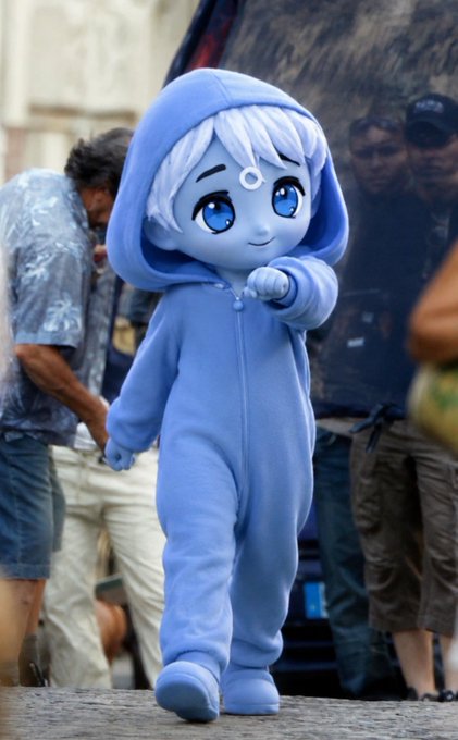 A costumed mascot of a large-eyed anime-style character in a blue hooded onesie walking forward on a sidewalk among a crowd.