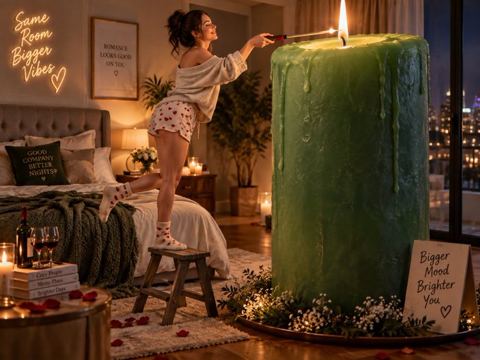 A woman stands on a small stool lighting an oversized green candle, with a neon sign reading "Same Room Bigger Vibes" and a handwritten note stating "Bigger Mood Brighter You." The cozy, romantic bedroom scene—with pillows declaring "Good Company Better Nights" and "Romance Looks Good On You"—perfectly complements the caption's tribute to lovers by evoking an intimate, candle-lit ambiance.