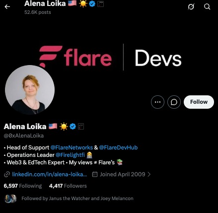 A Twitter/X profile page for Alena Loika (@0xAlenaLoika) showing 52.6K posts, 4,417 followers, and 6,597 following, with a Flare | Devs banner, identifying her as Head of Support at @FlareNetworks & @FlareDevHub and Operations Leader @Firelight.