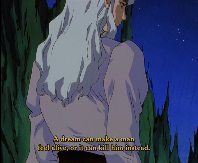 An anime scene shows a long-haired man in a purple garment viewed from behind against a starry night sky, with yellow subtitles reading: 'A dream can make a man feel alive, or it can kill him instead.'