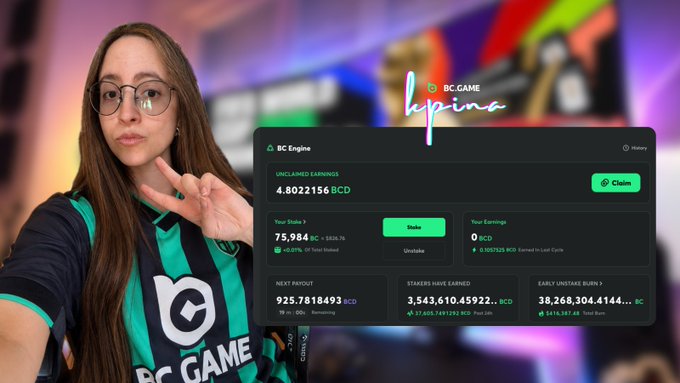 A woman wearing a BC.Game jersey poses beside a screenshot of the BC.Game "BC Engine" dashboard, which displays unclaimed earnings of 4.8022156 BCD, a staked balance of 75.984 BC ($836.76) at +10.07% unstaked, and a next payout of 925.78 BCD, visually reinforcing her post about staking $750 of BC and earning ~$5/day in stablecoin rewards.