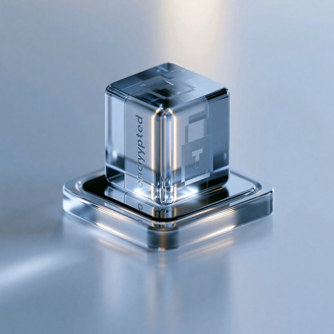 A 3D render of a transparent glass cube on a metal pedestal with the word 'encrypted' and stylized letters visible inside.