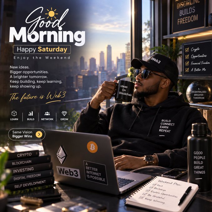 A 'Good Morning, Happy Saturday' motivational poster featuring a man in a 'Web3' cap drinking from an 'Ideas on Blockchain' mug, surrounded by text about crypto, discipline, and a brighter tomorrow.
