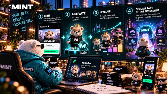 An elaborate MintABear promotional scene showing four steps to join the ecosystem: Mint, Activate with $MNTD, Level Up with $MNTD, and Become Part of the Ecosystem. A bear mascot in sunglasses and a puffer jacket sits at a laptop.