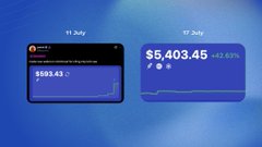 Two mobile app screenshots on a blue background display Robinhood portfolio screens, showing a balance of $198.53 on 11 July and $5,403.45 (+12.07%) on 12 July, illustrating the crypto earnings discussed in the post about using Robinhood to screen tokens for Uniswap liquidity providing.