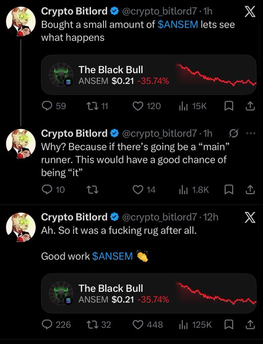 The image shows tweets from "Crypto Bitlord" (@crypto_bitlord7) documenting the rapid rise and crash of the $ANSEM meme coin, which dropped 35.74% to $0.21, with the trader noting it was a "fucking rug" after buying in. This relates to the post by showing the classic "rug pull" phase of a meme coin cycle, where initial hype gives way to a sharp price collapse.