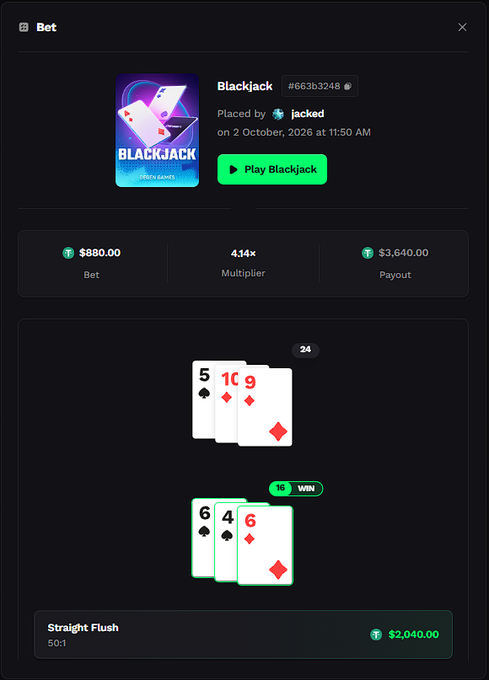 A blackjack betting app showing a Straight Flush win of $2,040.00 from a $880.00 bet with a 4.14x multiplier.