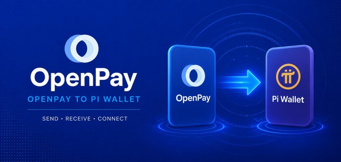The image displays an OpenPay promotional graphic announcing a new transfer pathway from OpenPay to Pi Wallet, featuring the OpenPay logo, the tagline "SEND • RECEIVE • CONNECT," and a visual arrow showing OUSD flowing from the OpenPay platform directly into a Pi Wallet interface. This visually reinforces the post's message about a new direct transfer integration being established between the two platforms.