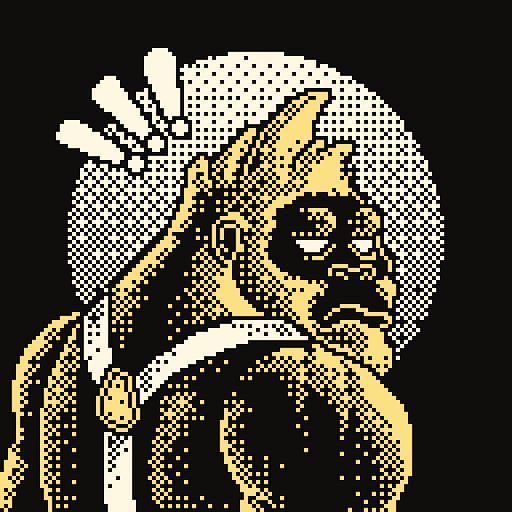 A pixel art portrait shows a bearded man with sunglasses wearing a gold chain and a dark shirt, with three exclamation marks floating above his head in a state of shock or alarm. The image humorously complements the post by visually representing the man's stunned reaction at the thought of dividing his NFT collection in a divorce settlement.