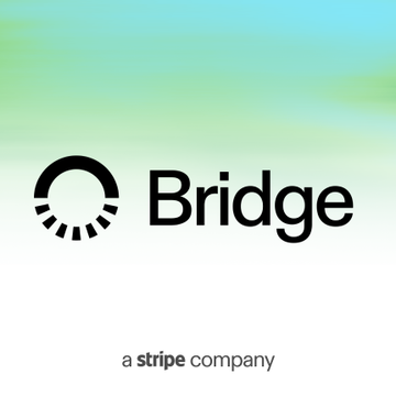 The image displays the Bridge logo, featuring a stylized circular icon next to the word "Bridge" with "a stripe company" beneath it, set against a soft blue-to-green gradient background. The logo visually corresponds to the post, which announces that Bridge, a Stripe-owned entity, has been added to the EU's MiCA register as an authorized electronic money token issuer.