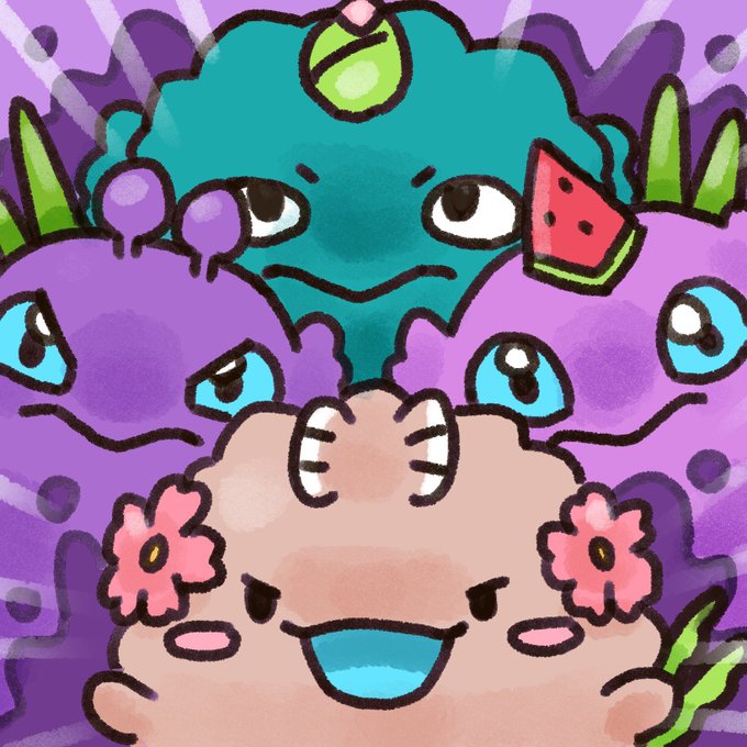 A colorful cartoon illustration featuring cute characters, including a teal creature wearing a hat with a watermelon slice, set against a purple background with stylized eyes.