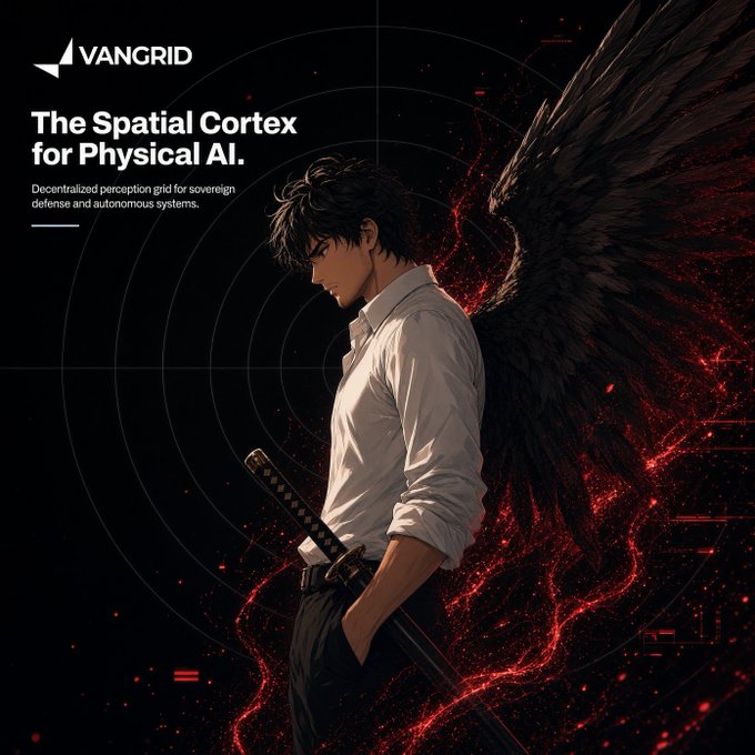 An anime-style promotional graphic titled 'VANGRID - The Spatial Cortex for Physical AI,' featuring a dark-haired young man with a sword and large black wings against a red-hued backdrop.
