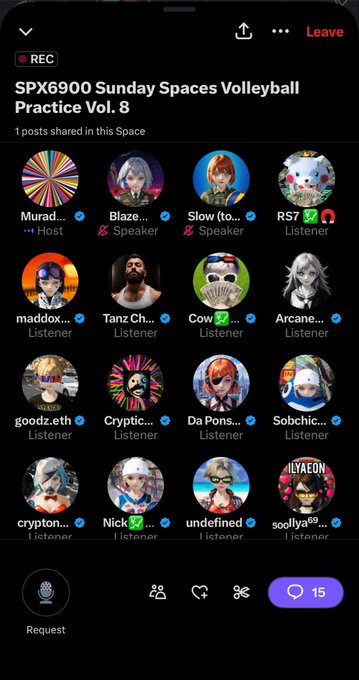 A screenshot of an X (Twitter) Spaces audio room titled 'SPX6900 Sunday Spaces Volleyball Practice Vol. 8' showing 16 participants with various avatars, including a host, speakers, and listeners.