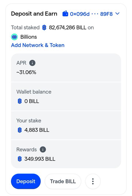 A 'Deposit and Earn' staking interface showing a total staked amount of 82,674,286 BILL on the Billions network, with an APR of ~31.06%, a wallet balance of 0 BILL, a stake of 4,883 BILL, and rewards of 349.993 BILL, with Deposit and Trade BILL buttons.