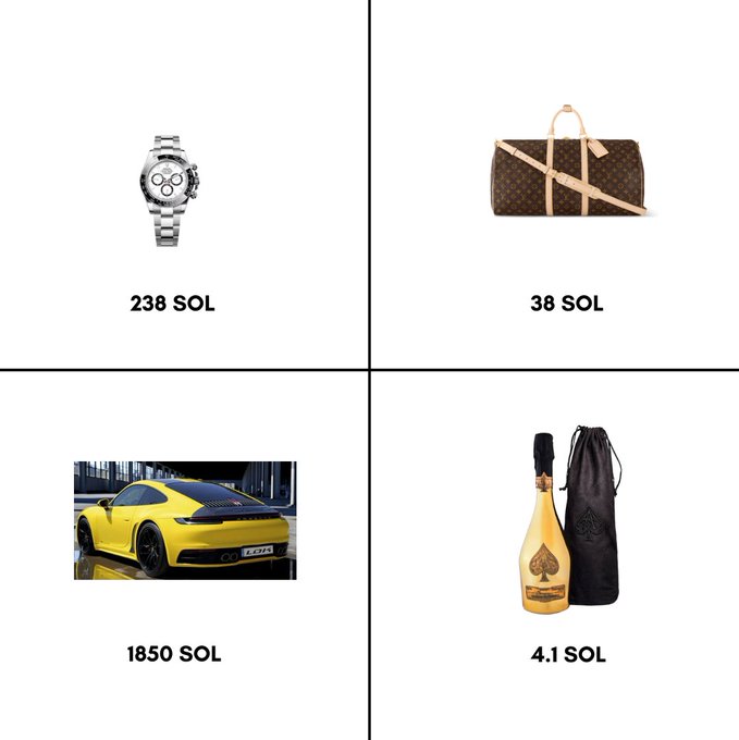 The image includes four different objects related to luxury items, such as a Rolex watch, a Louis Vuitton bag, a Porsche car, and an 1850 Sol. The caption for this image states "Everything feels cheap when you convert it to $SOL".