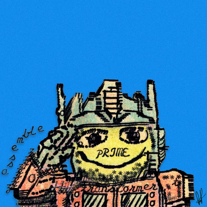A rough, hand-drawn illustration shows a stylized mech or robot figure with the word "PRIME" written across its chest, alongside the text "assemble" and "come over now" against a bright blue background—appearing to be a quirky fan-art style message inviting someone to connect and collaborate.