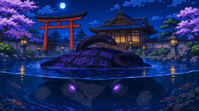 A large, serpentine yokai with glowing purple markings emerges from a moonlit pond in front of a traditional Japanese shrine and torii gate, with cherry blossoms framing the scene. The mystical artwork captures the mythical, "on-chain" Japanese folklore vibe of Kenji Origins' giveaway promotion.