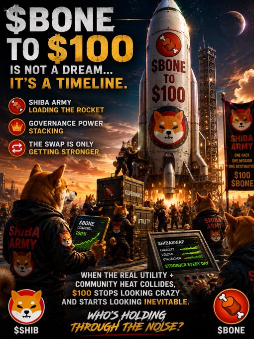 A dramatic illustration shows Shiba Inu-clad figures preparing a rocket labeled "$BONE TO $100," with key text including "$SHIB," "ShibArmy," "Shibaswap," and "Governance Power Stacking." The image directly visualizes the accompanying post's bullish message about BONE's $100 target and the Shibarium ecosystem, using the rocket and army imagery to reinforce the "not a dream, it's a timeline" narrative.