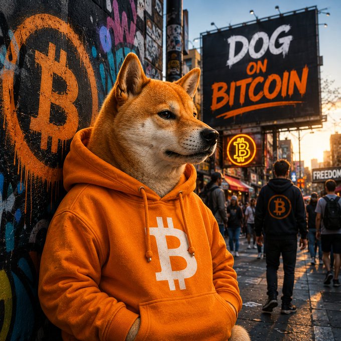 A Shiba Inu dog wearing an orange Bitcoin hoodie leans against a graffiti-covered wall featuring a large Bitcoin symbol, while a billboard behind reads "DOG ON BITCOIN" with a "FREEDOM" sign visible in the background—visually tying together the post's message that $DOG's biggest rally still lies ahead.