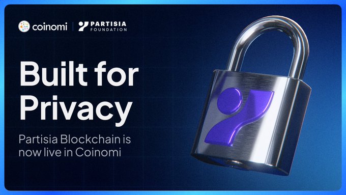 Promotional graphic reading 'Built for Privacy - Partisia Blockchain is now live in Coinomi' featuring a silver padlock with a purple Partisia logo.