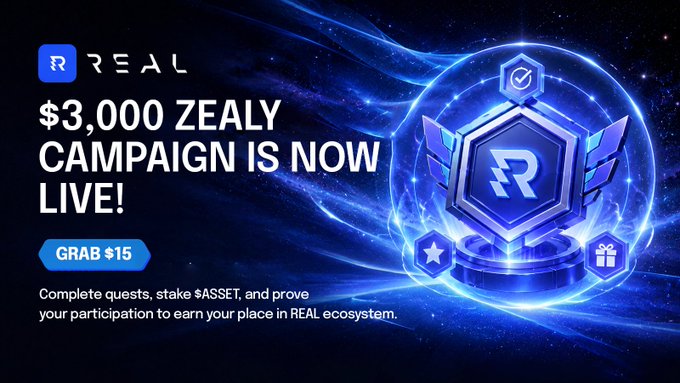 A promotional banner for a '$3,000 ZEALY CAMPAIGN IS NOW LIVE!' for the REAL ecosystem, featuring a glowing blue hexagonal badge with the 'R' logo.