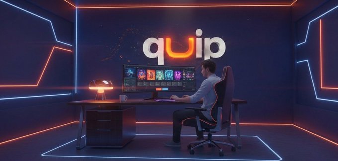 A futuristic gaming setup features a man at a desk with neon-lit walls and the logo 'qUip' displayed prominently.