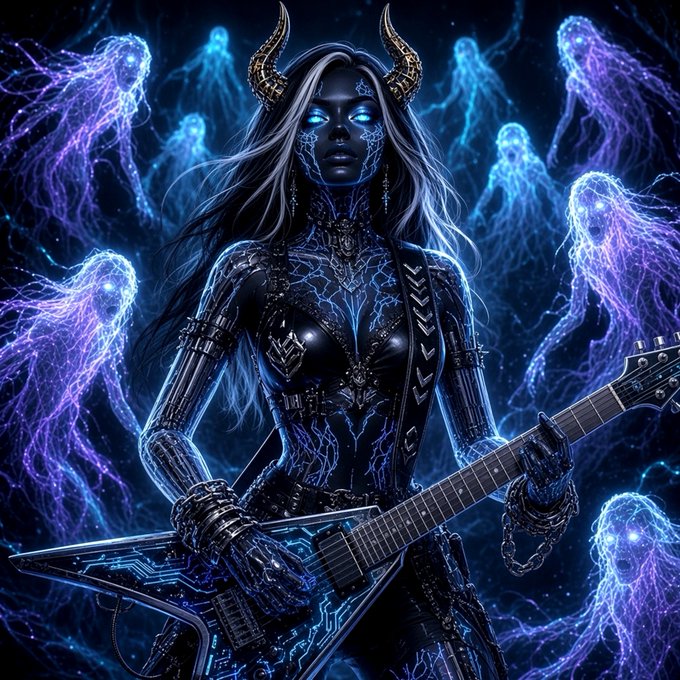 A dark fantasy digital illustration features a horned, blue-skinned woman with glowing eyes holding a futuristic electric guitar, surrounded by ethereal purple ghost-like figures.