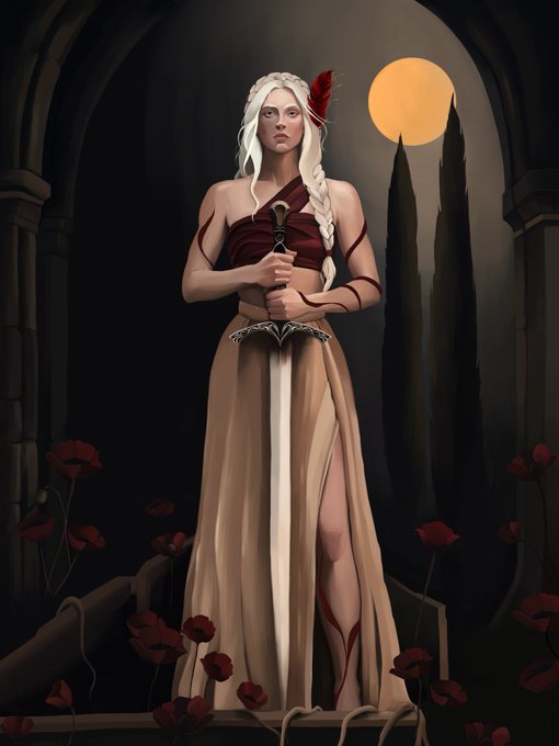 A fantasy digital illustration of a pale, white-haired woman holding a sword, wearing a flowing beige skirt and red top, with a red feather in her hair and red ribbons on her body, standing among red poppies with a moon and gothic arches in the background.