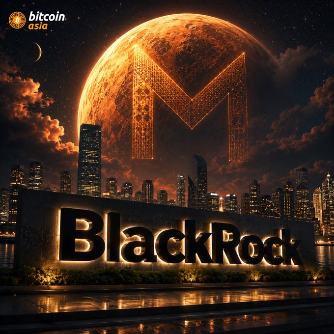 A dramatic nighttime cityscape features a large, glowing orange moon behind a wireframe "M" logo, with a prominent illuminated "BlackRock" sign in the foreground and a "bitcoin asia" logo in the top-left corner. The imagery visually reinforces the post about BlackRock's IEFA ETF increasing its holdings in Metaplanet, symbolizing the financial giant's growing investment in the Bitcoin-focused company.