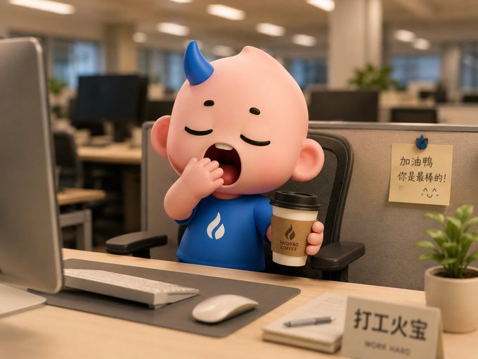 A 3D-rendered cartoon character of a small blue creature yawning while holding coffee in an office cubicle, with a Chinese sign reading '打工火宝' (Working Fire Treasure) and 'WORK HARD'.
