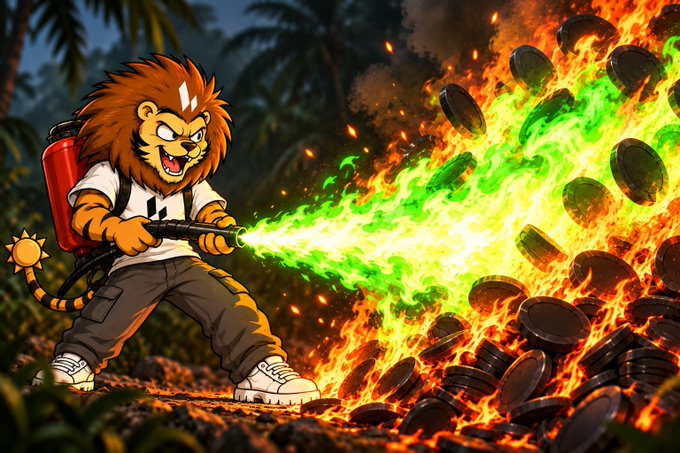 A digital illustration of an anthropomorphic lion wearing a tie and backpack, using a flamethrower to burn coins.