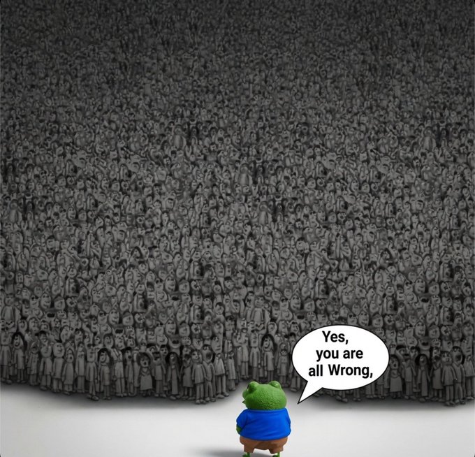 An illustration of a small frog character in a blue jacket standing before a massive grayscale crowd, with a speech bubble reading 'Yes, you are all Wrong,'