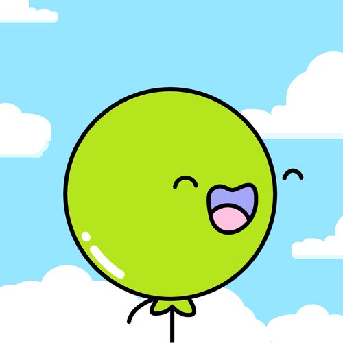 A cartoon illustration of a round green character with a happy expression floating among clouds in a blue sky.