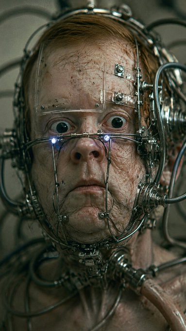 A hyper-realistic, possibly AI-generated portrait of a person with wide eyes, covered in dirt and grime, wearing a complex headpiece made of wires, metal components, and glowing blue nodes.
