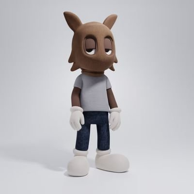 A 3D rendered cartoon character resembling a brown creature with pointed ears, wearing a grey shirt, blue jeans, white gloves, and white shoes.