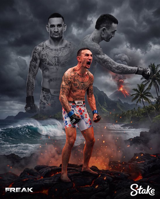 A dramatic promotional graphic shows MMA fighter Max Holloway screaming in victory, standing on volcanic rock with lava and an erupting volcano behind him, while a larger faded image of him with his signature chest and arm tattoos looms overhead. The image features "FREAK" and "Stake" branding at the bottom, celebrating his win at UFC 329 as a Stake Ambassador.