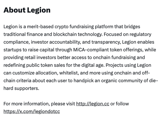 An informational text block titled 'About Legion', describing it as a 'merit-based crypto fundraising platform' that provides 'MiCA-compliant token offerings'.
