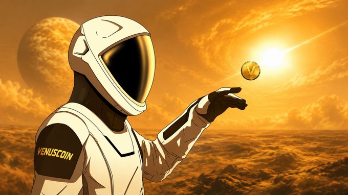 An astronaut in a spacesuit with "VENUSCOIN" displayed on the shoulder tosses a Venuscoin token into a golden, Venus-like atmosphere. The image visually reinforces the "gm, Venus" greeting by depicting a futuristic explorer playfully engaging with the Venuscoin brand on a cosmic, golden-hued planetary landscape.